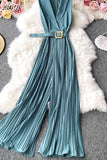 Notched Collar Draped Rompers For Women Casual Sleeveless High Waist Wide Leg Playsuits Female Beige/Green Jumpsuit