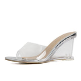 Summer New Fashion High-Heeled Slippers Women Transparent Slope Shoes One-字 Type Wearing Fairy Cool Slippers