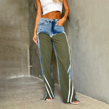 Hooded Spliced Jeans Women's Autumn New Mid-Rise Trousers Against The Feeling Of Bumping Striped