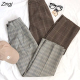 Plaid Harem Pants Women Korean Style High Waist Loose Trousers Office Lady Elegant Straight Wide Leg Pants Suits