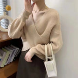 Korea Dongdaemun Autumn And Winter New Temperament Simple V-Neck Cross-Design Sense Loose Knitted