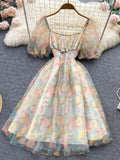 Square Collar Mesh Chiffon Mini Dress Women Floral Short Puff Sleeve High Waist A-Line Vestidos Female Beach New