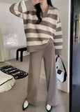 Vintage Lazy Wind High-End Softy Loose Stripe Collar Fashion Knitting Suit