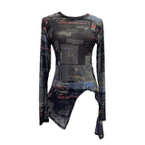 Tie-Dye-Print Net Yarn Jersey Long-Sleeved Top Irregularly T-Shirt With Thin Short T-Shirt