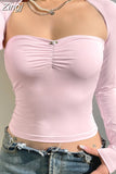 Korean Fashion Pink Coquette Female T-shirt Lace Trim Ruched Casual Skinny Smock+Crop Top Two Pieces Set Y2K