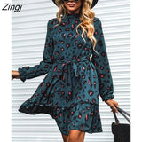 PETAL Belted Blue Leopard Mini Dress For Woman Sexy Mock Neck Long Sleeve Party Dress 2023 Spring Autumn Female