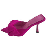 Pointed High-Heeling Slippers Women Summer New Fashion And Bow Cloth Outside Wearing Cold Slippers