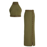 And Summer 2025 New Heavy Industry Nails Studded Neck Vest Top Open Fork Long Skirt Set Two