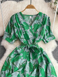 Green/Yellow/Red Printed Midi Dress Vintage V-Neck Short Sleeve High Waist A-Line Casual Vestidos Elegant Female