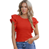 Texture Lotus Side Short-Sleeved T-Shirt Women 2025 Casual Round Collar T-Shirt