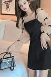 Elegant Party Night Woman Mini Dress Patchwork Mesh Puff Sleeve Bow Sweet Girls Black Short Dresses Women Clothes