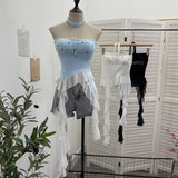 Shooting Hottie Letter Hot Diamond With Chest Pads To Wear Chest Vest Irregular Mesh Ribbon Hanging Neck Sleeveless Top