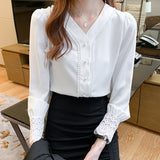 Women Blouses Shirts Women Long Sleeve White Shirt Woman Chiffon Blouse Shirt Woman V Neck Lace Embroidery Blouses