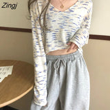 Women Patchwork V-neck Pullovers Ladies Knitting Cropped New Casual Colorful Popular Sexy College Long Sleeve