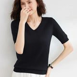 Zingj / Summer 2024 New Knit Short Sleeve Female V Collar Bottom Knit Sleeve Half Sleeve Sweater Loose Bottom Sweater-Outfit