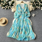 Temperament Elegant Dress Women's High-End Lantern Sleeves To Close The Waist Thin V-Neck Print Lotus Leaf Side