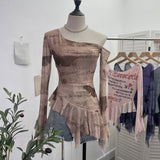 Tie Net Yarn Oblique Shoulder Babes Sexy Body-On-Sleeve Horn Irregular Top