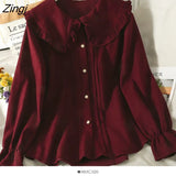 Sweet Peter Pan Collar Blouse Women Korean Preppy Style Puff Sleeve White Shirts Office Lady Elegant Design Button