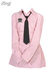 Women's Dress Vintage Kawaii Pink Fashion Harajuku Y2k Ladies Long Sleeve Striped One Piece A-line Midi Dress Party Club