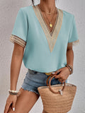 Women's Dress V-Neck Lace Loose Top Commuter Short-Sleeved Shirt Women Splicing