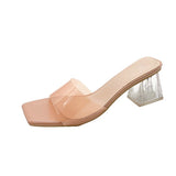 Summer New Transparent Crystal Slippers Women Wear Coarse High-Heeled Side Cool Slippers Outside Women's
