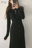 Korean Casual Knitting Midi Dresses for Women Buttons Knitted Sweater Dress Elegant Pleated Femme Autumn Winter