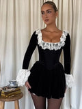 Black Long Sleeve Lace Flare Mini Dress- Outfit