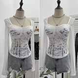 Shot With Chest Pad Hottie Letter-Print Lace Splicing Mesh T-Shirt T-Shirt