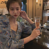 Blouses Women Puff Sleeve Autumn All-match Square Collar Floral French Retro Elegant BF Style Casual Female Blusas