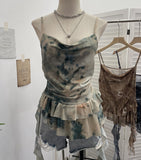 Shoot Spice Girl Swing Network Yarn Print Sling Vest Retivating Lotus Leaf Side Ribbon Short Top