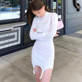 Women Bodycon Slim Mini Dress Solid-Color High-Collar Long-Sleeves Tight-Fitting Dress With Stockings for