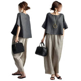 Women's Clothing Japan And South Korea 2025 Summer New Round Necker Mid-Sleeve Top + Two Sets Of Bags Of Broad Leg Trousers On Both