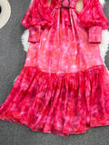 Autumn Rose Red/Green Tie Dye Print Party Long Dress Elegant Bow Collar Lantern Sleeve High Waist Ruffle Hem Vestidos