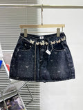 Denim Bow Polka Dot Printed Butterfly Chain Mini Skirt- Outfit