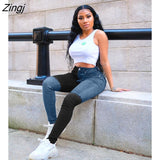 Block Spliced Casual Denim Long Pant Fashion High Waist Skinny Pencil Trouser Streetwear Zipper Fly Bodycon