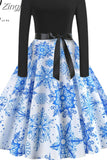 Women Christmas Long Sleeve Print Elegant Vintage Knee-length Party Dress Robe Autumn Winter Casual Xmas