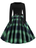 Autumn Winter Women Plaid Print Dress Elegant Casual Vintgae Dress Robe Femme Black Patchwork A-line Party