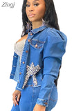 Beading Tassels Patchwork Fashion Denim Coat Turn Down Collar Long Sleeve Crop Jackets Streetwear Buttons Up Slim