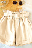 Summer Elegant High Waist Shorts Women Casual Solid Wide Leg Loose Cotton Short Pants With Belt Korean Sweet
