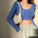 Women Solid Leisure Sexy All-match Single Breasted Elegant Slender O-neck Fashion Autumn New Cozy Femenino Crop Tops