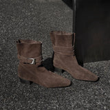 Retro Sleeve Two-Drain Square Head Short Boots Women 2025 New Belt Buckle Thick And Bundle Fashion