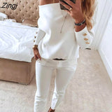 New Women Off-Shoulder T-Shirt Ladies Solid Color Button Long Sleeve Autumn Winter Warm Casual Loose