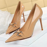 Shoes Metal Button Woman Pumps Patent Leather High Heels Luxurious Sexy Party Shoes Stiletto Heels Ladies Large Size