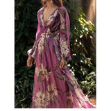 Summer Women V Neck Long Sleeve Flroal Print Purple Dress 2021 New Prom Robe Holiday Beach