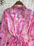 Autumn Women Floral Irregular Ruffle Long Dress Bohemian Pink/Blue/Purple Stand Collar Puff Sleeve High Waist