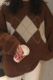Knitted Sweater Women Oversized Argyle Sweaters Fashion Clothes Famale Long Sleeve Korean Crop Top Women Ropa De