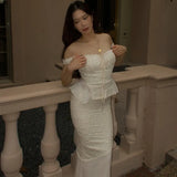 Zingj Summer New Ins Temperament Square Collar Lace Lace Jacket High Waist Slim Show Thin Fish Tail Dress Suit