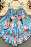 Slash Neck Spaghetti Strap Mini Chiffon Dress Women Summer Vacation Beach Flare Long Sleeve Ruffle Blue/Green Vestidos