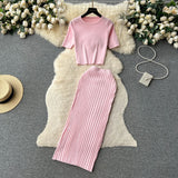 Zingj Hot Girl Suit Female Summer Korean Version Round Collar Knit Short Sleeve Short Jacket High Purse Hip Skirt Two