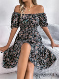 Shooting 2025 Spring And Summer Broken Flower Collar Short Sleeves To Close The Waist Lotus Leaf Side A Dress Women's
